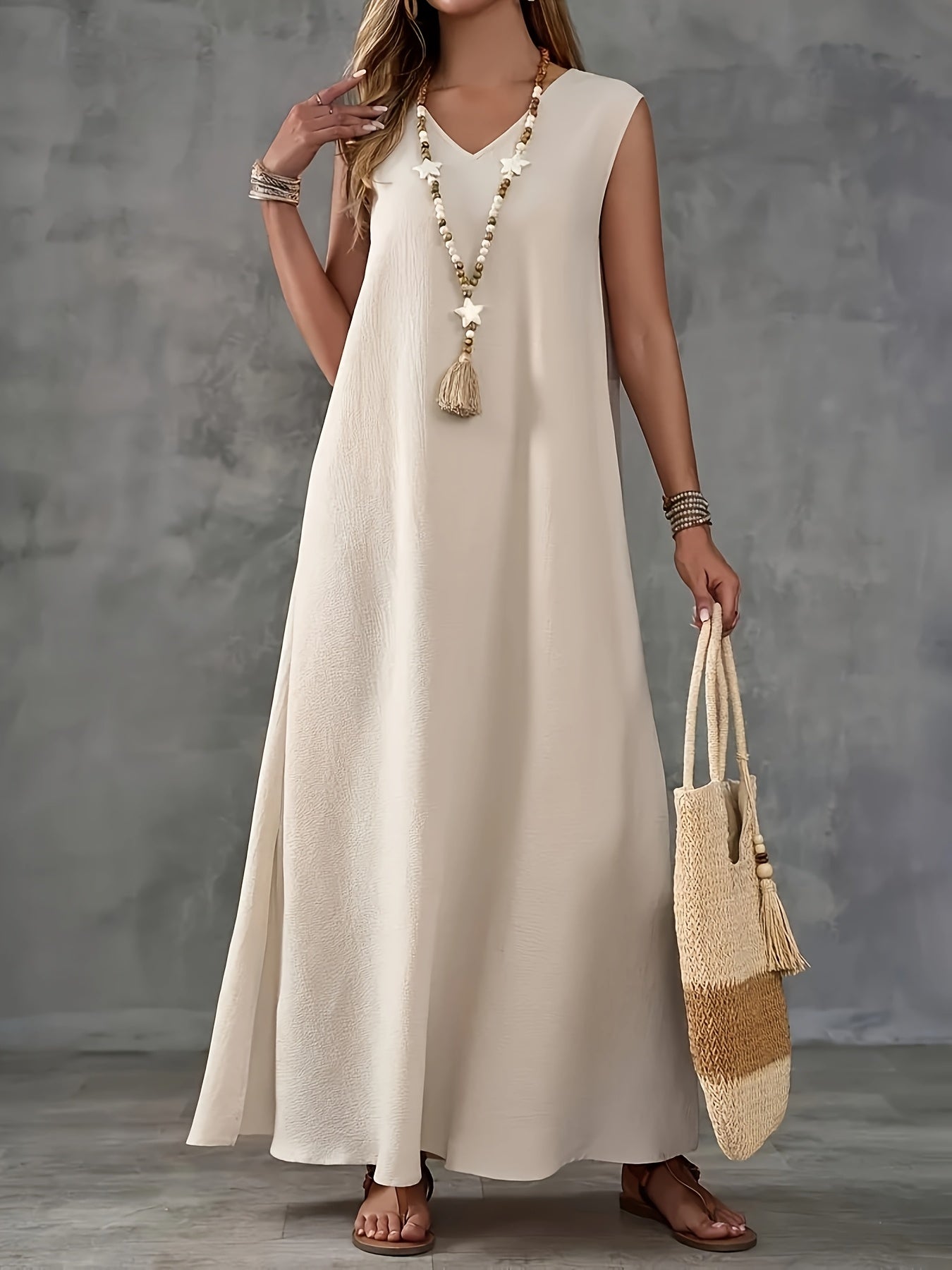 Women's Elegant V-Neck Sleeveless Maxi Dress - Solid Color, A-Line Cut, Lightweight Polyester Fabric, Perfect for Spring/Summer Casual Wear, Casual Elegant Dress | Minimalist Style | Glossy Texture, Cute Dress
